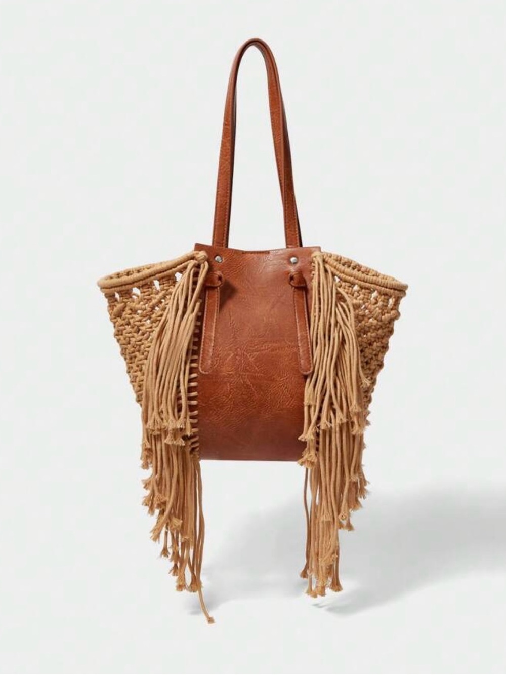 Fringed Woven Tote Bag in Tan